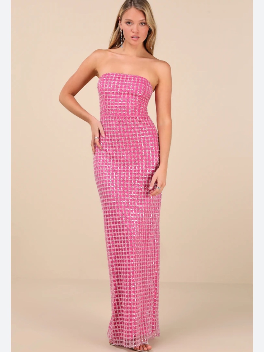 Perfectly Pink Luxurious Mesh Pearl Sequin Strapless Column Maxi Dress NWT Sz S
